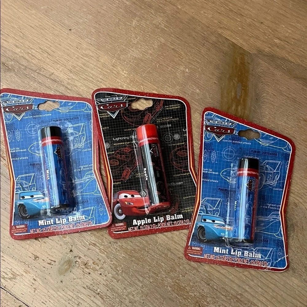 Disney Pixar CARS Lip Balm Lot of 3 Single Packs Mint & Apple New Sealed